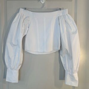 Bobbles & Lace White Corset Ballon Puff Sleeve Crop Designer Top, Size Small